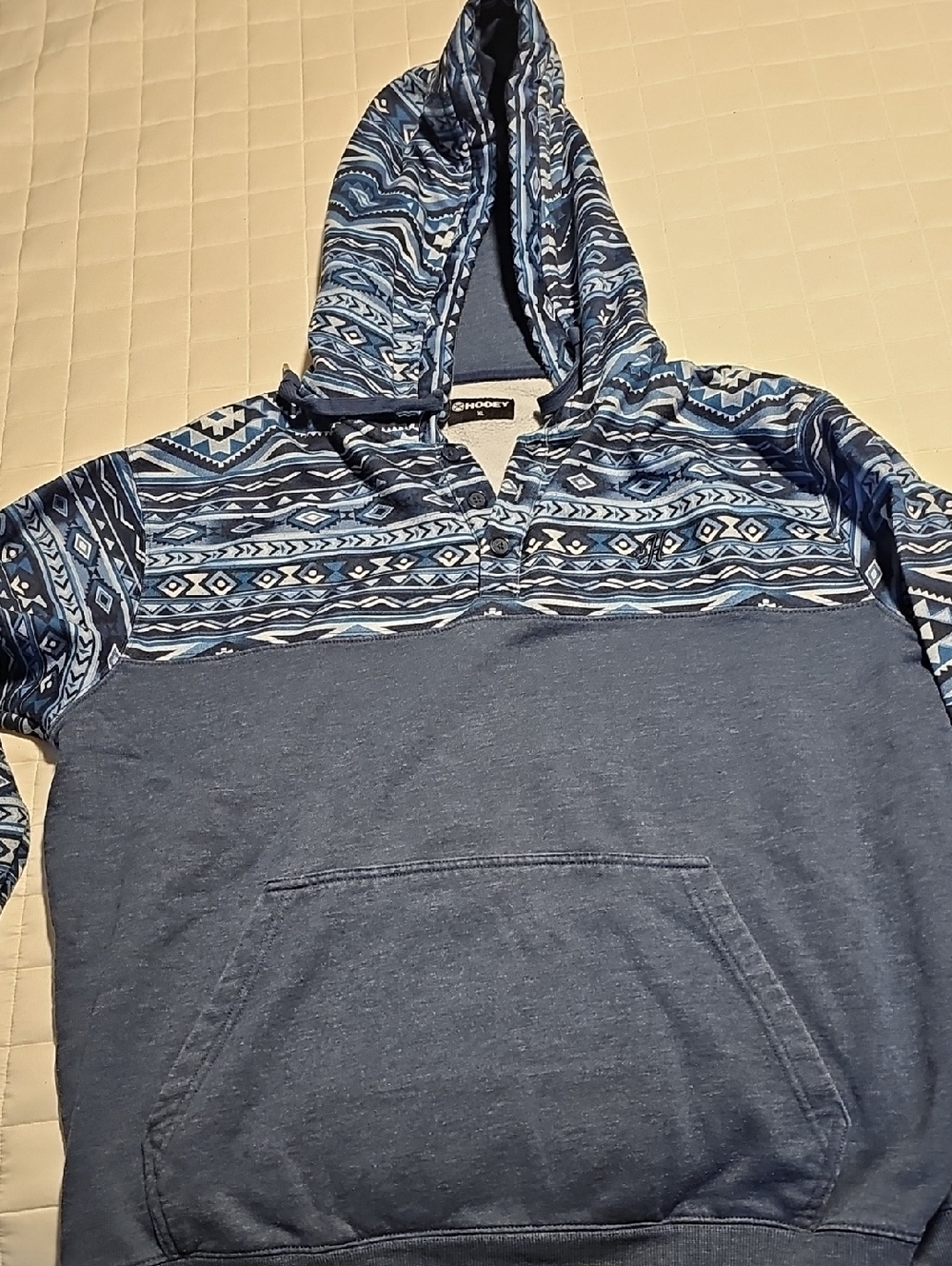 Hooey Blue Patterned Pullover Hoodie with Aztec Yoke
